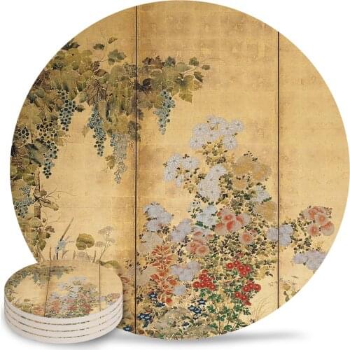 Japanese Gold Leaf Screen Spring and Autumn Flowers Placemats for Table Kitchen Coffee Table Decor Accessories Ceramic Coasters