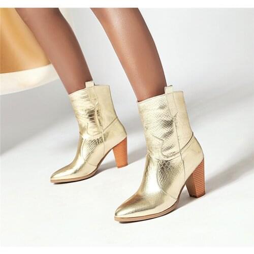 YQBTDL 2020 New Fashion Silver Gold Winter Ankle Boots Embossed Leather Black High Heels Western Cowboy Boots for Women Shoes