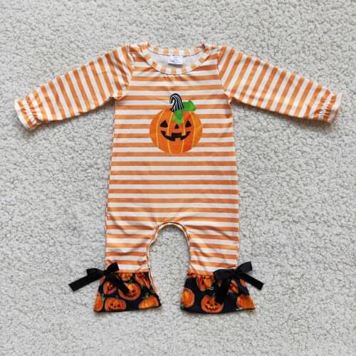 Pumpkin Halloween Girl Closing Long Sleeve Bow Orange Striped Dark Button Design 4xs-s One-piece Romper