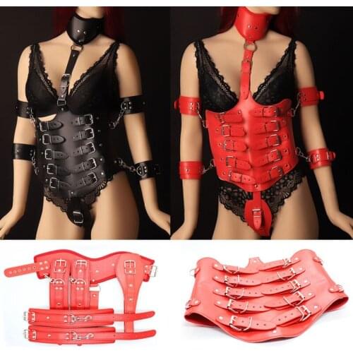 Womens Open Bra Leather Cincher Bodysuit With Handcuff Neck Collar,BDSM Slave Body Harness Erotic Costume Arm Restraint Sex Toy