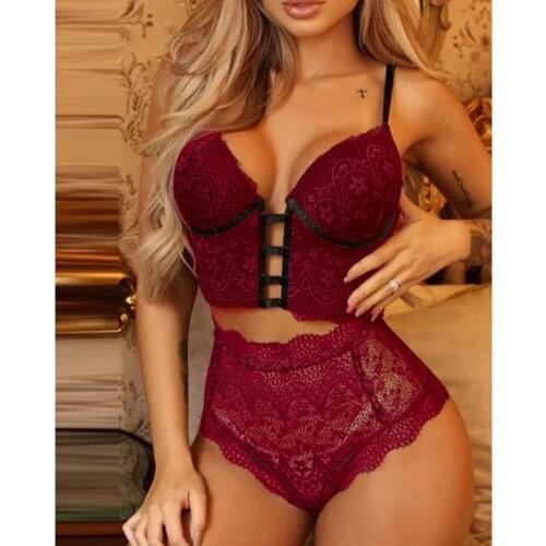 Women Sexy Set Female Lace Bra and Hollow out High-waisted Panty Set 2 Piece Outfits Set