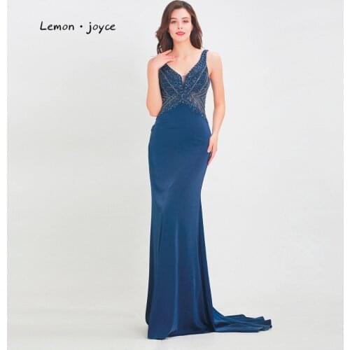 Lemon joyce Dark Blue Formal Evening Dresses for Woman 2020 Sexy V-neck Backless Beading Long Party Gowns Plus Size