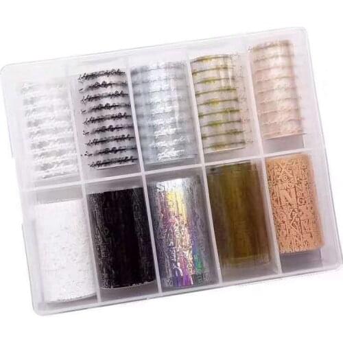 10Design/set4*100cm Holographic Nail Art Transfer Foil Stickers Paper Starry Solid Color UV Gel Wraps Nail Adhesive Decals 1Box