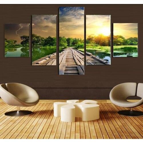 No Frame 5 Panel Modern Mural Paintings Print Wooden Trestle Sunrise Landscape Wall Art Picture For Room Modular Decoration W-3