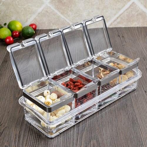 Acrylic Clear Seasoning Box Separable Spice Rack Jar Salt Sugar Organizer Container with Cover Spoon FBE3