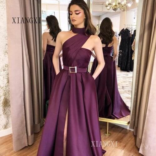 Satin Long Evening Dress 2020 Satin A-Line High Collar Sleeveless High Split Floor Length Evening Dresses Robe de soiree