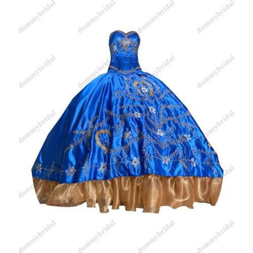 Vestido De 15 Anos Year for Girls Ball Gown Royal Blue Champagne Organza Sweetheart Quinceanera Prom Dress Cheap Long 2021 Beads