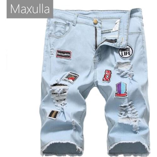 Maxulla denim short hole jeans men Summer jean denim Elastic shorts wash patchwork denim fashion male street shorts Mla033