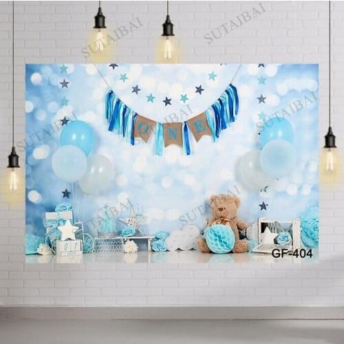 Blue Theme Teddy Bear Flags Balloon Backdrop Photography Baby 1st Birthday Party Background for Photo Studio Photophone