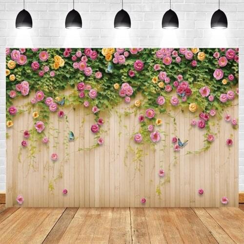 Wedding Photography Backdrop Bridal Shower Floral Wood Board Wall Photo Booth Background Studio Flowers Photocall Photo Shoot