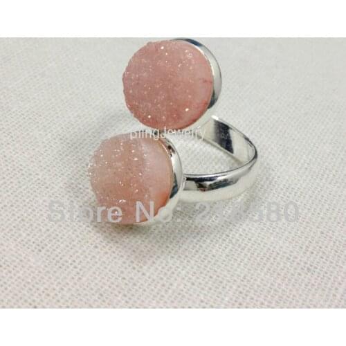 H-CR045 Round Pink Titanium Druzy Ring,Silver Bezel Ring 14 colors for option