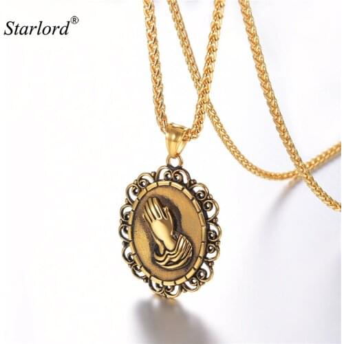 Hamsa Hands Medal Charm Necklace Pendant Stainless Steel Blessing Amulet Vintage Praying Hands Necklace For Men/Women GP3232