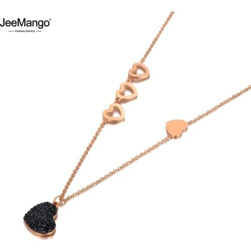 JeeMango New Titanium Stainless Steel Rhinestone Heart Charm Pendant Necklaces Classic Wedding Necklace For Women Gifts JN20073