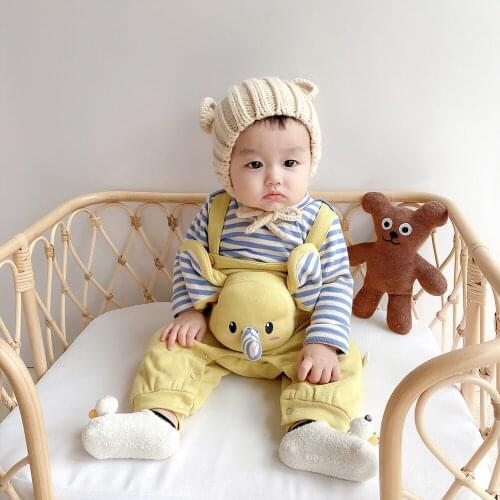 2PCS Korean Baby Cartoon Elephant Design Baby boy Girls Striped Top + Strap Jumpsuit Sets Spring Autumn Cute Newborn Outfits