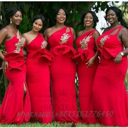 Red Bridesmaid Dresses 2021 Mermaid One Shoulder Applqiues Elastic Satin African Bridesmaid Dress Plus Size for Women Wedding