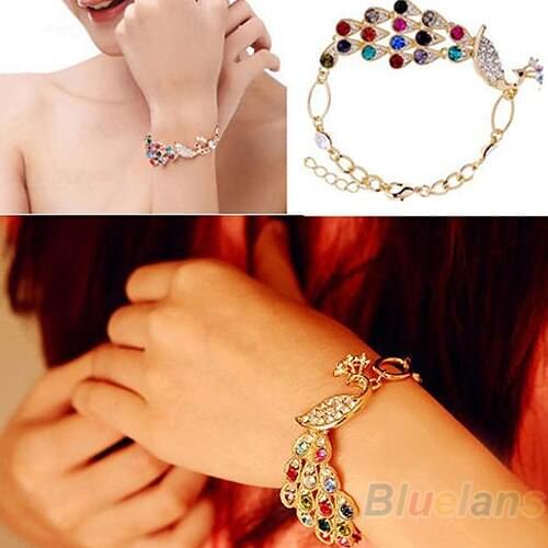 Hot 1pc Vintage Colorful Rhinestone Crystal Peacock Bird Chain Bangle Bracelet Gift 7ELS BCT6