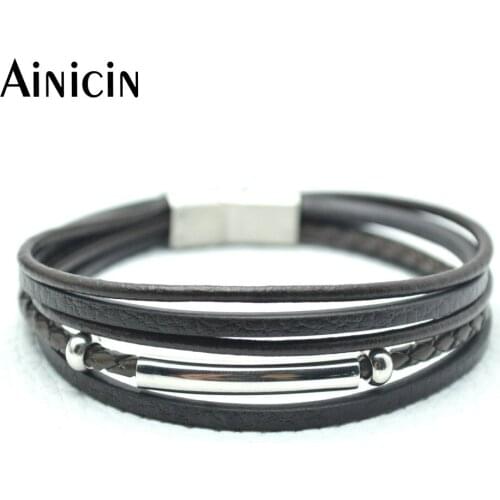 5pcs Genuine Brown Leather Multi-layer Bracelets Stainless Steel Tube Matte Surface Magnet Claps 8'' Fashion Bangles For Men