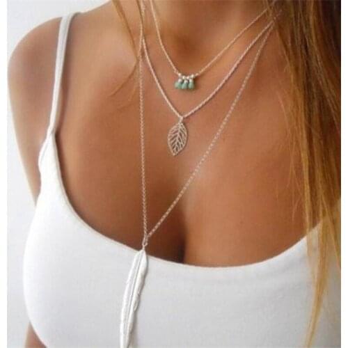 Trendy Fashion Retro Beaded Necklace Female Japan Korea Metal Feather Tassel Pendant Multilayer Necklace Female