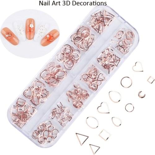 Nail Art 3D Decorations 12 Grids Gold Rose Hollow Metal Nail Rivets Cross Star Triangle Square Studs Nail Decoration Body art