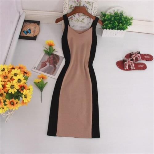 Gowyimmes Autumn Women Spaghetti Strap Knitted Dresses V-neck Dress Slim Lady Contrast color Tank Dress vestidos Bottomings 484