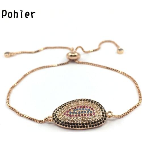 Rose Gold color Oval Fatima Hand Evil Eye Hamsa Charms for Women Adjustable Colorful Mico Pave Bracelets CZ jewelry