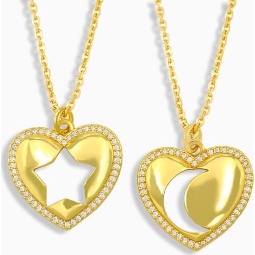 FLOLA Gold Vermeil Star And Moon Necklace For Women CZ Pave Heart Pendant Necklace Wholesale Jewelry Valentines Day Gifts nkeu17