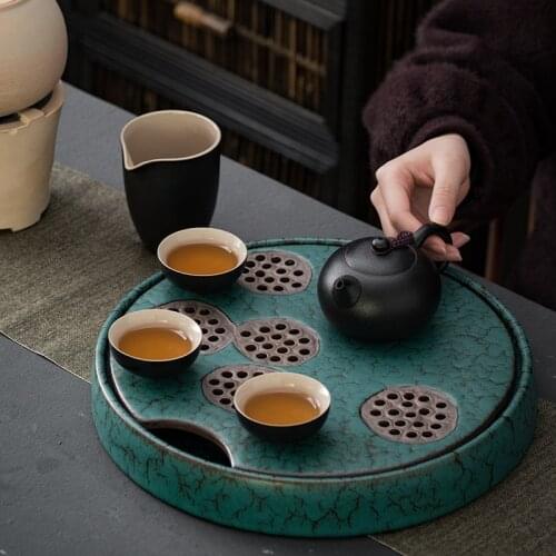 Dry Bubble Tea Tray Ceramic Water Storage Eco Friendly Round Vintage Chinese Tea Tray Ceremony Plateau De Service Teaware DG50CP