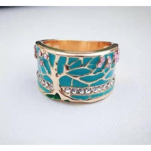 Popular Lucky Flower Tree Ring Fashion Exquisite Crystal Green Enamel Wide Ring Charm Lady Party Crystal Retro Jewelry