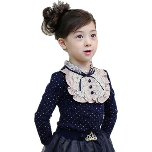2018 Spring Fall Winter School Girls Shirts Dot Print Kids Child Long Sleeve Lace Bow Girl Tops And Blouse Baby Clothes JW3261