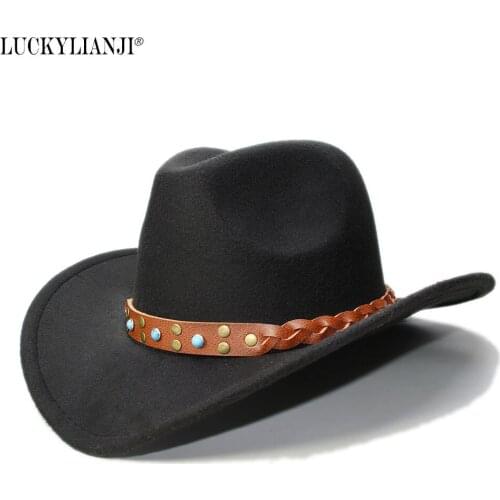 LUCKYLIANJI Womem Men Female Males Wool Felt Western Cowboy Hat Wide Brim Cowgirl Braid Leather Band (One Size:57cm)