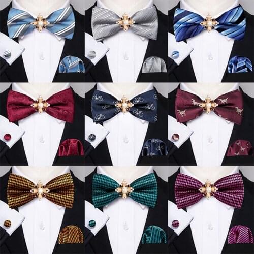 Blue Silk Men Bowtie Pre-tied Butterfly Hanky Cufflinks Brooch Set Suit Removable Necktie For Business Wedding Party Barry.Wang