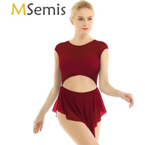 Women Ballet Leotard Costume Sleeveless Round Neck Cut Out Front Asymmetric Mesh Leotard Gymnastics Bodysuit Ballet Dancewear