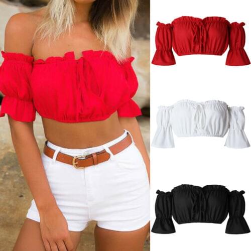 2019 Women Girl Sexy Short Sleeve Boat Neck Crop Bandeau Tops Off Shoulder T-Shirt