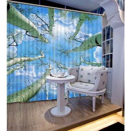 3D Curtain Blue Sky And White Birch Trees Window Curtain Living Room 3D Bathroom Shower Curtain 3D Curtain Blackout