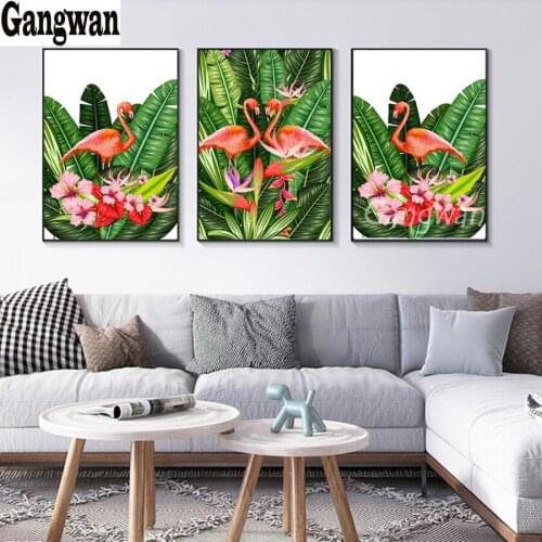 Flamingo, green, leaves 5D round square diamond embroidery Diy full sets diamond painting mosaic 3 pcs pictures rhinestones icon