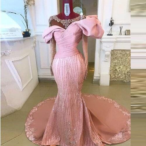 Aso Ebi Muslim Pink Evening Dresses Long Sleeves Major Beading Appliques Lace Mermaid Prom Dress African Women Party Gown