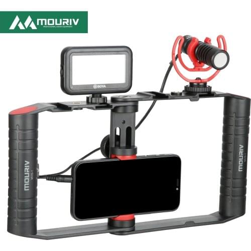 MOURIV VK-R1 Foldable Smartphone Video Rig with MM1 Microphone, Led Light, Handheld Stabilizer Filmmaking Case Tripod Mount
