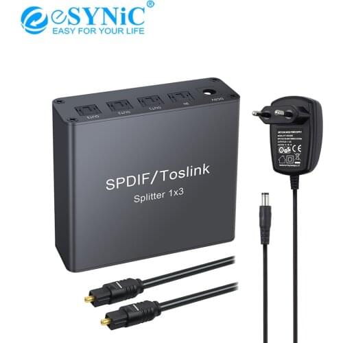 ESYNiC 1x3 SPDIF Toslink Optical Digital Audio Splitter 3 Port Aluminum Alloy Toslink Splitter With Optical Cable For PS3 XBOX