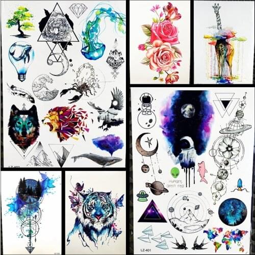 Geometric Lion Triangle Temporary Tattoo Women Lamp Bulb Whale Eagle Jellyfish Scorpion Landscape Watercolor Wolf Tattoo Sticker