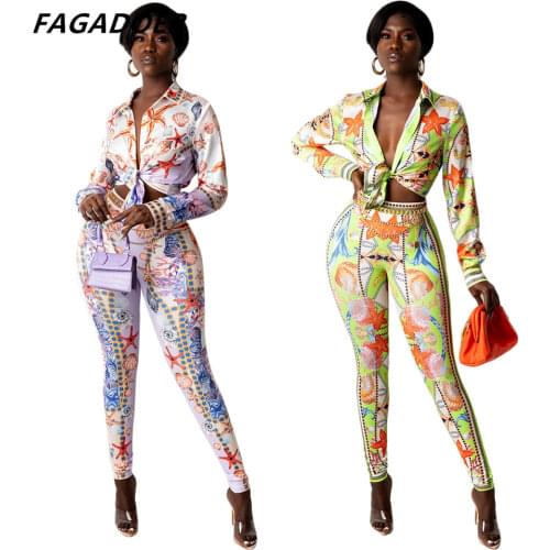 Fagadoer Print Retro Two Piece Sets For Women 2021 Vintage Style Fashion Blouse Shirt And Elastic Waist Long Pants Outfits