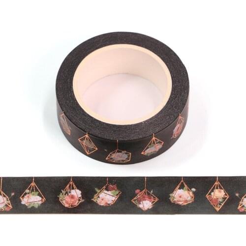 1PC 15MM*10M Foil Diamond with Red Flowers Black Decorative Washi Tape Scrapbooking Masking Tape School Office Supply