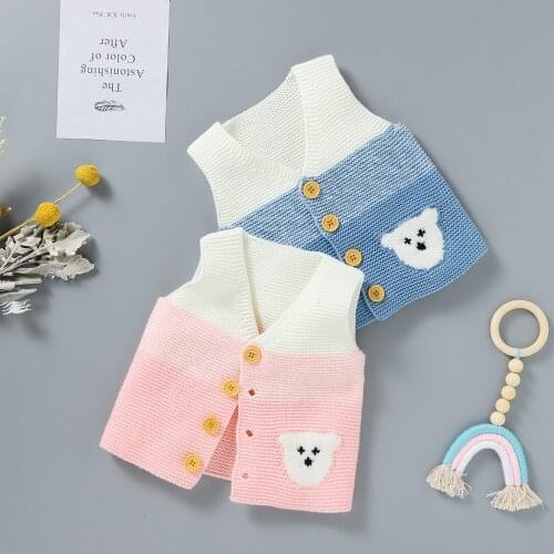 FOCUSNORM 0-12M Lovely Baby Girls Boys Vest Outwear Cartoon Bear Printed Sleeveless Knit Single Breasted Jacket