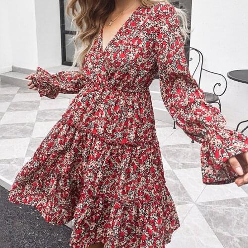 GypsyLady Floral Printed Mini Dress Vintage Boho Long Sleeve Autumn Holiday Women Dress V-neck Ruffles Sexy Ladies Dresses 2021