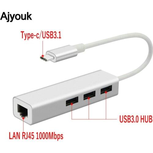 50PCS Type-c To LAN RJ45+3 USB 3.0 Hub Muti-function Gigabit Ethernet Adapter 1000Mbps for MacBook Pro PC