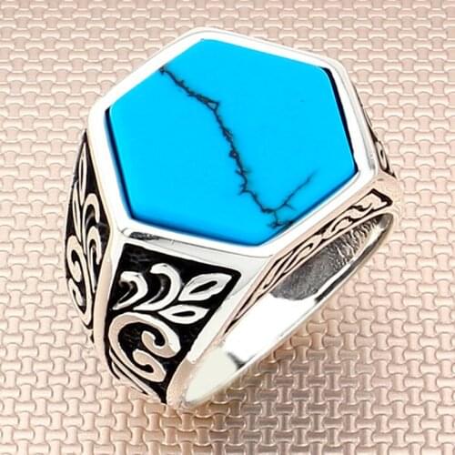Mens Ring Sterling Silver 925 With Blue Stone Turquoise Gemstone Gift For Him, Handmade Real Pure Silver - Turkish Jewelry