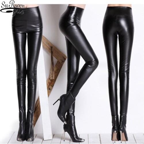 2021 New High Waist Thicken Pants Female Long Pu Leather Pants for Women Korean Style Black Leggings Skinny Women Trousers 11466