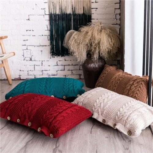 Solid Knit Cushion Cover Red Peacock Coffee Ivory Cushion Case Soft for Sofa Bed Living Room Decorative 35x65cm Button Open