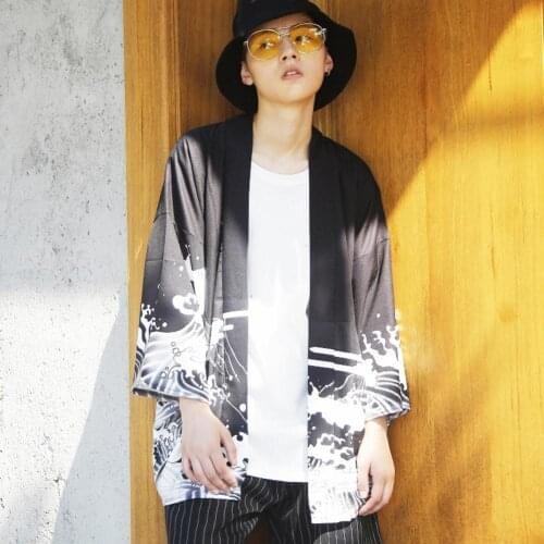 Casual Men Wave Dragon 3/4 Sleeve Open Front Kimono Yukata Cardigan Coat Shirt