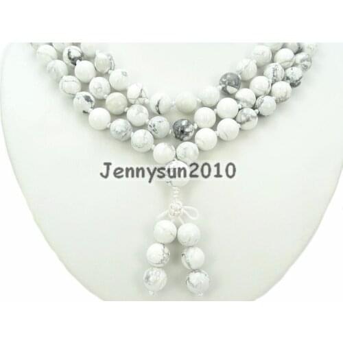 Natural White Tur-quoise 10mm Gems Stone Buddhist 108 Beads Prayer Mala Knot Necklace Multi-Purpose 5Strands/Pack