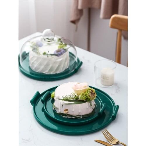 Nordic dark green ceramic cake tray creative transparent glass cover bread tray home fruit tray dessert table display stand